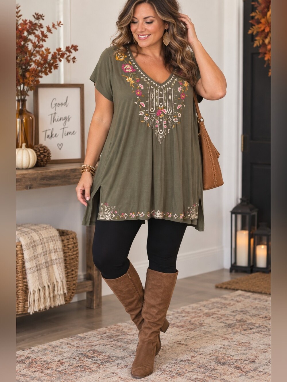 Cupio Size Large Olive Green Embroidered Boho Tunic Top Floral V-Neck